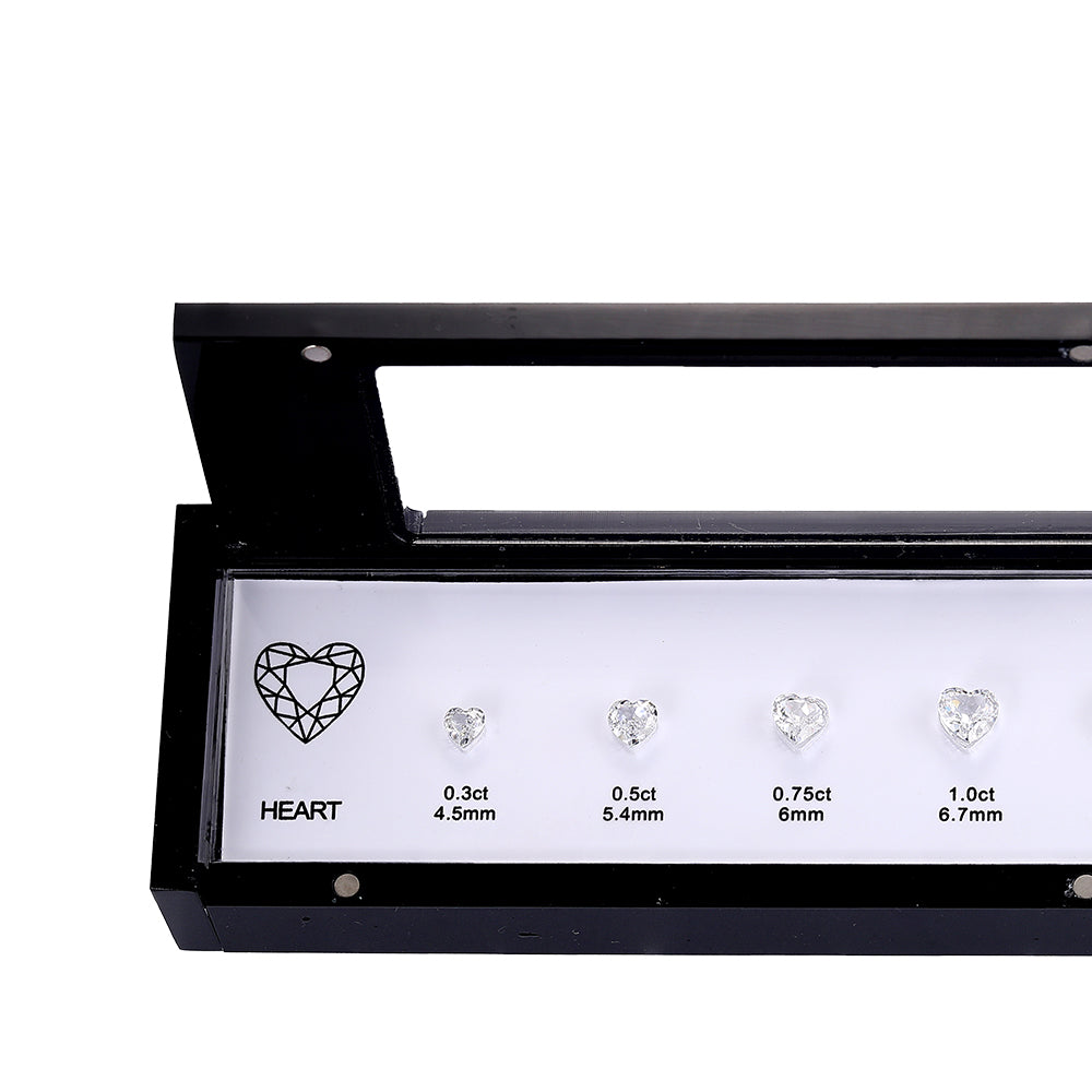 Heart shape gemstone size and carat chart comparison kit for jewelers